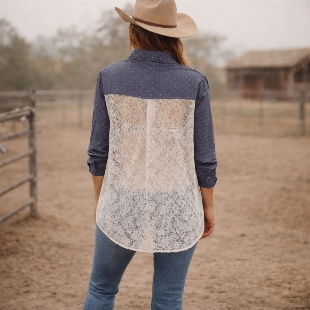 New Snap Front RU Apparel Blue Dotted Lace Back Western Cowgirl Tunic NWT Sz 3X